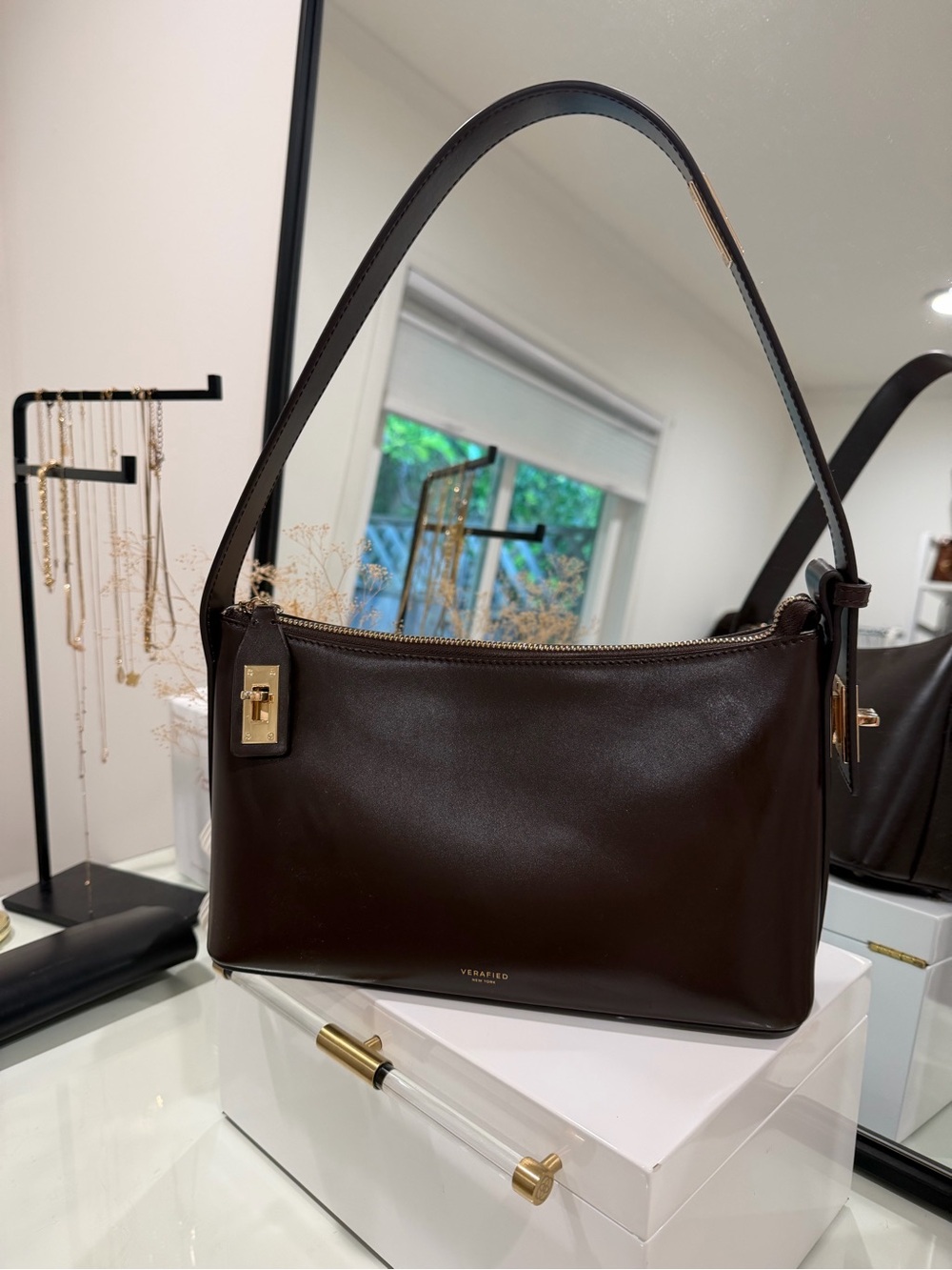 Verified NYC Dark Brown Leather & Gold Shoulder Hobo Bag